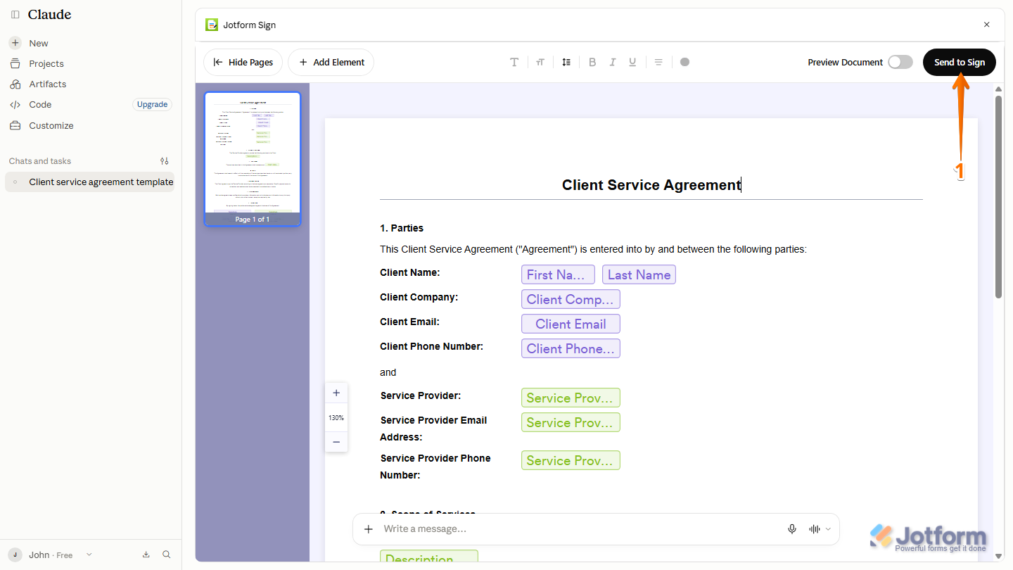 Jotform Sign Editor with the Send to Sign button visible in the top-right corner for sending the completed document to the designated signers