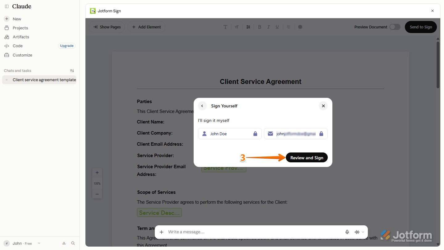 Jotform Sign Sign Yourself window showing the Review and Sign button for opening the document and proceeding with the signing process