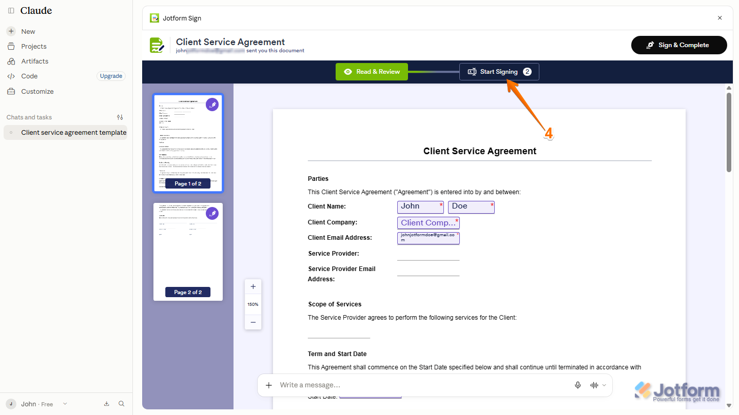 Jotform Sign signing interface showing the Start Signing button for beginning the document signing process