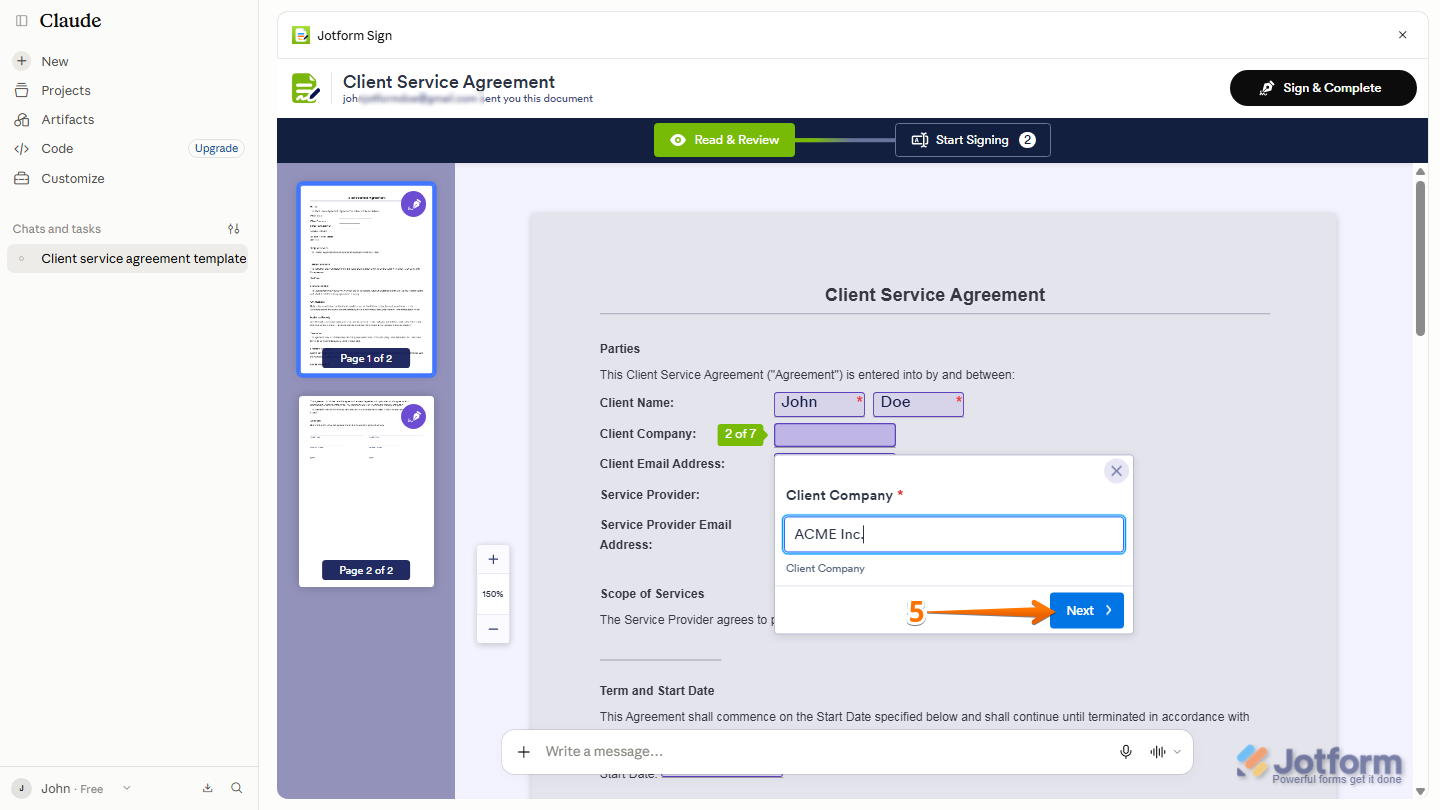 Jotform Sign document signing page displaying the required fields to complete and the Next button to proceed with signing