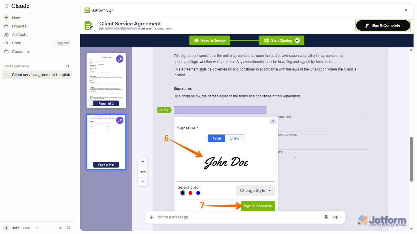 Jotform Sign document signing page displaying the Signature field for typing or drawing a signature and the Change Style dropdown menu with the Sign & Complete option