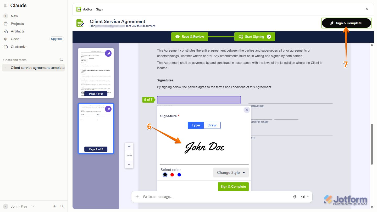 Jotform Sign signing interface showing the Signature field with a typed or drawn signature and the Sign & Complete button for finalizing the document