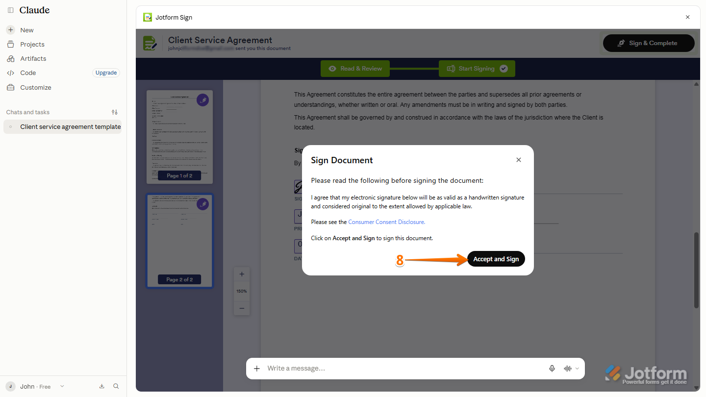 Jotform Sign Sign Document window displaying the Accept and Sign button to confirm and complete the signing process