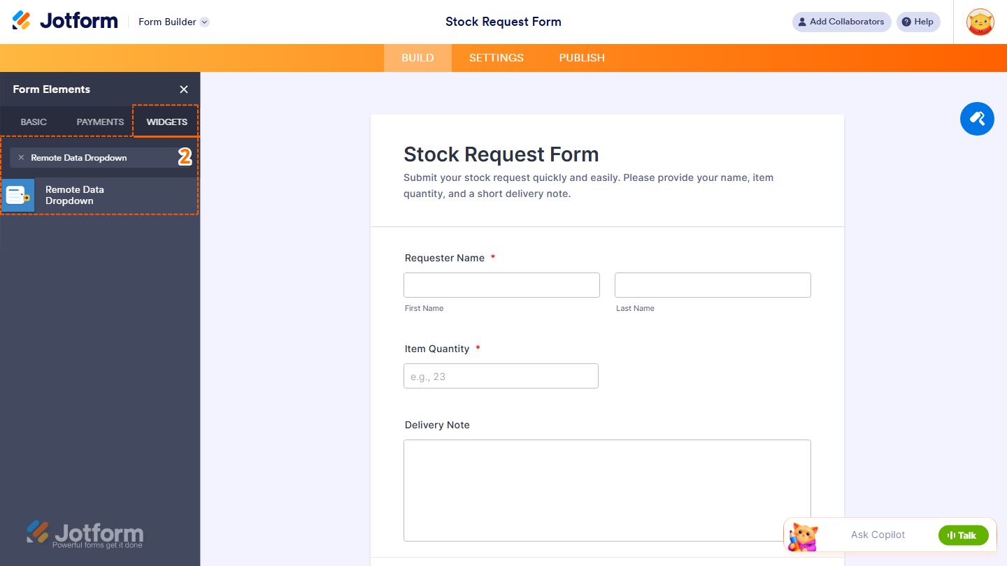 Jotform Form Elements menu under the Widgets tab showing the Remote Data Dropdown widget in the search results, ready to be selected or dragged and dropped onto the form