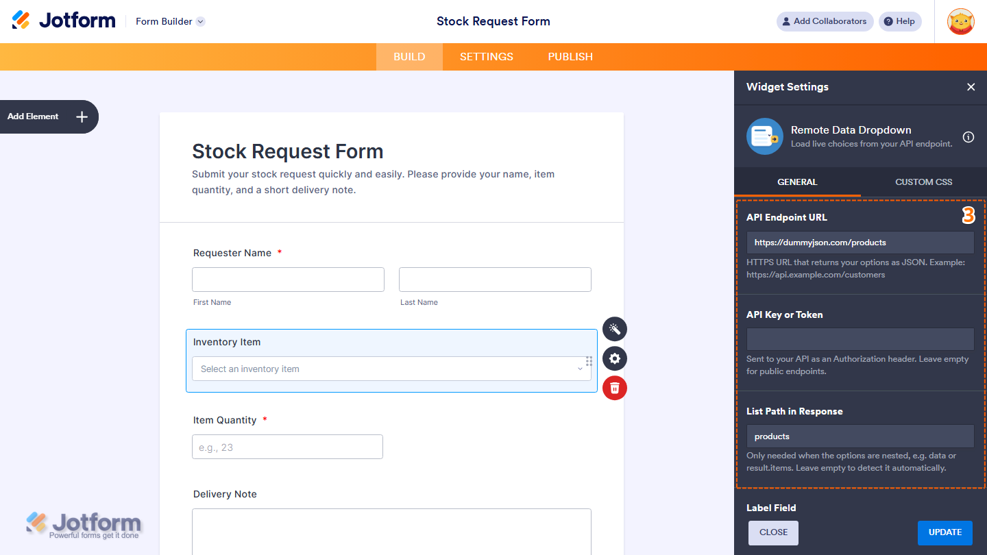 Jotform Remote Data Dropdown widget settings showing fields for API Endpoint URL, API Key or Token, and List Path in Response to connect the dropdown to an external API and retrieve options