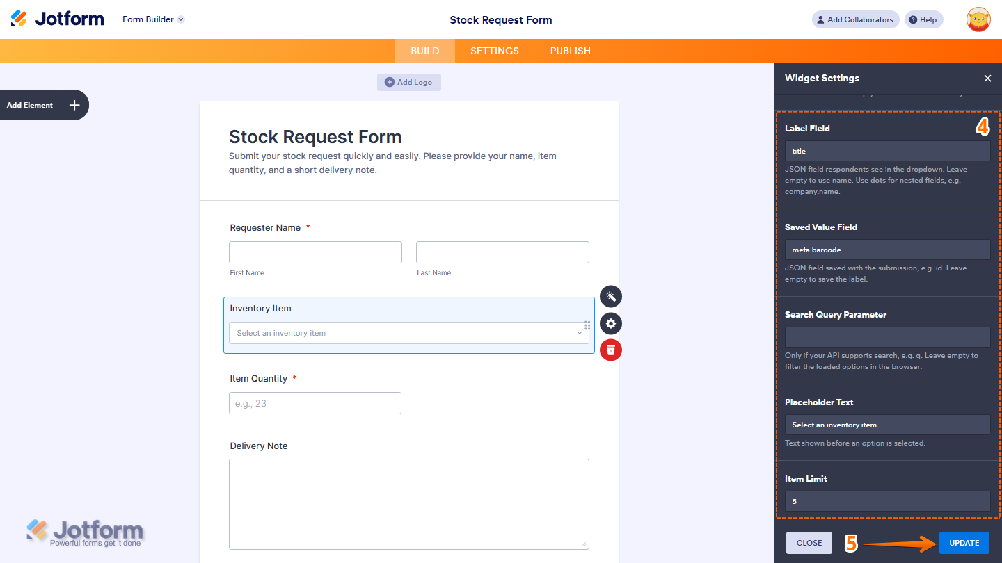 Jotform Remote Data Dropdown widget settings showing Label Field, Saved Value Field, Search Query Parameter, Placeholder Text, and Item Limit options, with the Update button available to save the configuration