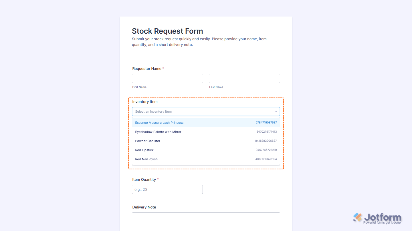 Jotform Form Builder showing the successfully added and configured Remote Data Dropdown widget, ready to load and display options from a remote API