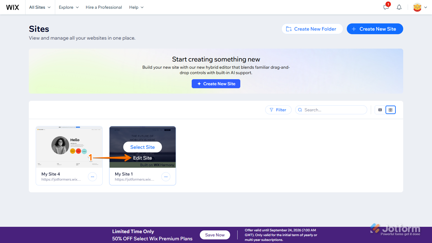 Edit Site in Wix Sites page
