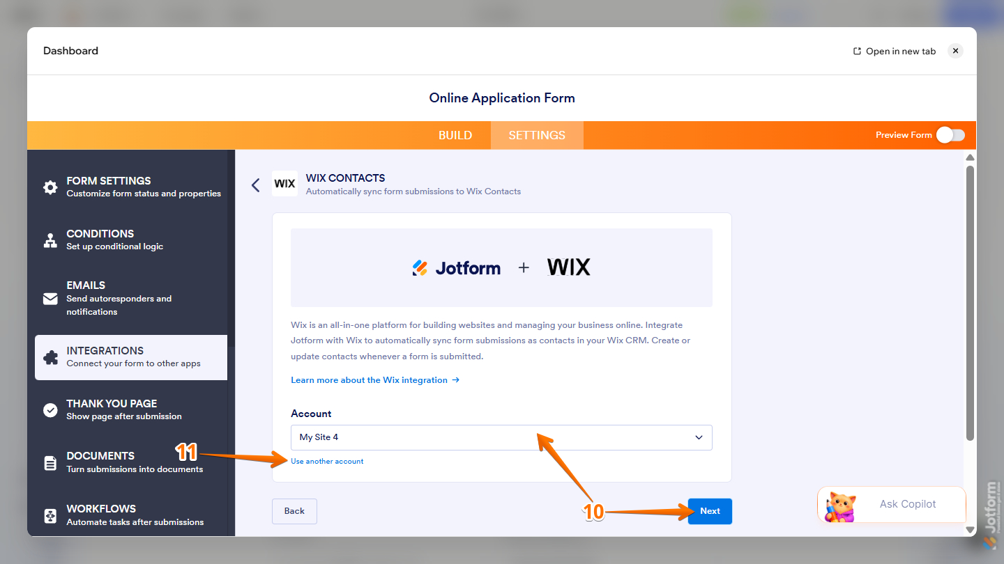 Account dropdown in Wix Contact integration settings in Jotform Form Builder inside Wix Harmony Editor