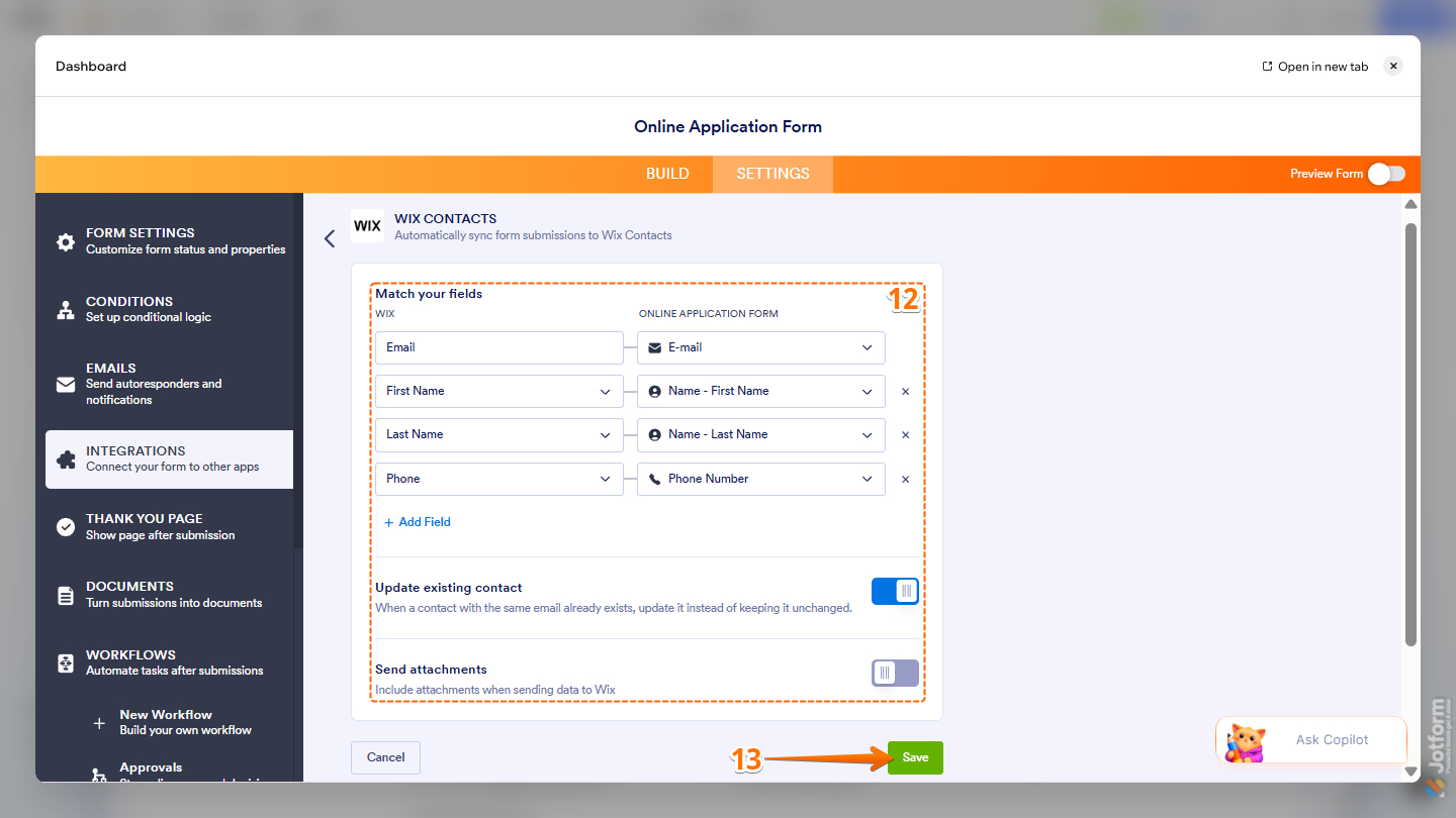 Wix Contact integration settings in Jotform Form Builder inside Wix Harmony Editor