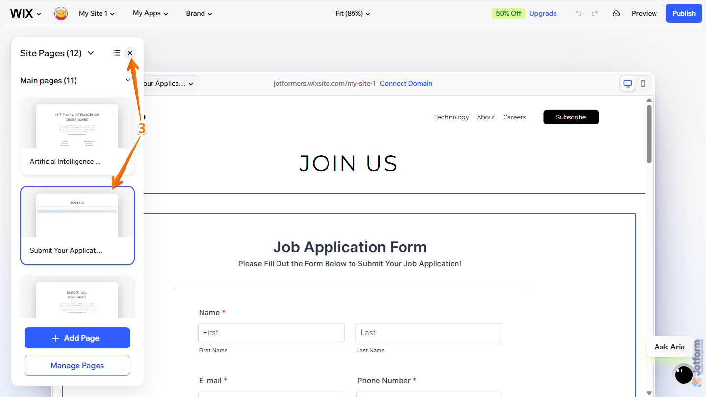 Site Pages menu in Wix Harmony Editor