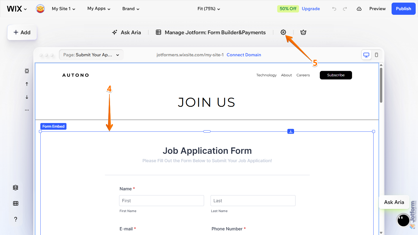 Form Embed settings in Wix Harmony Editor