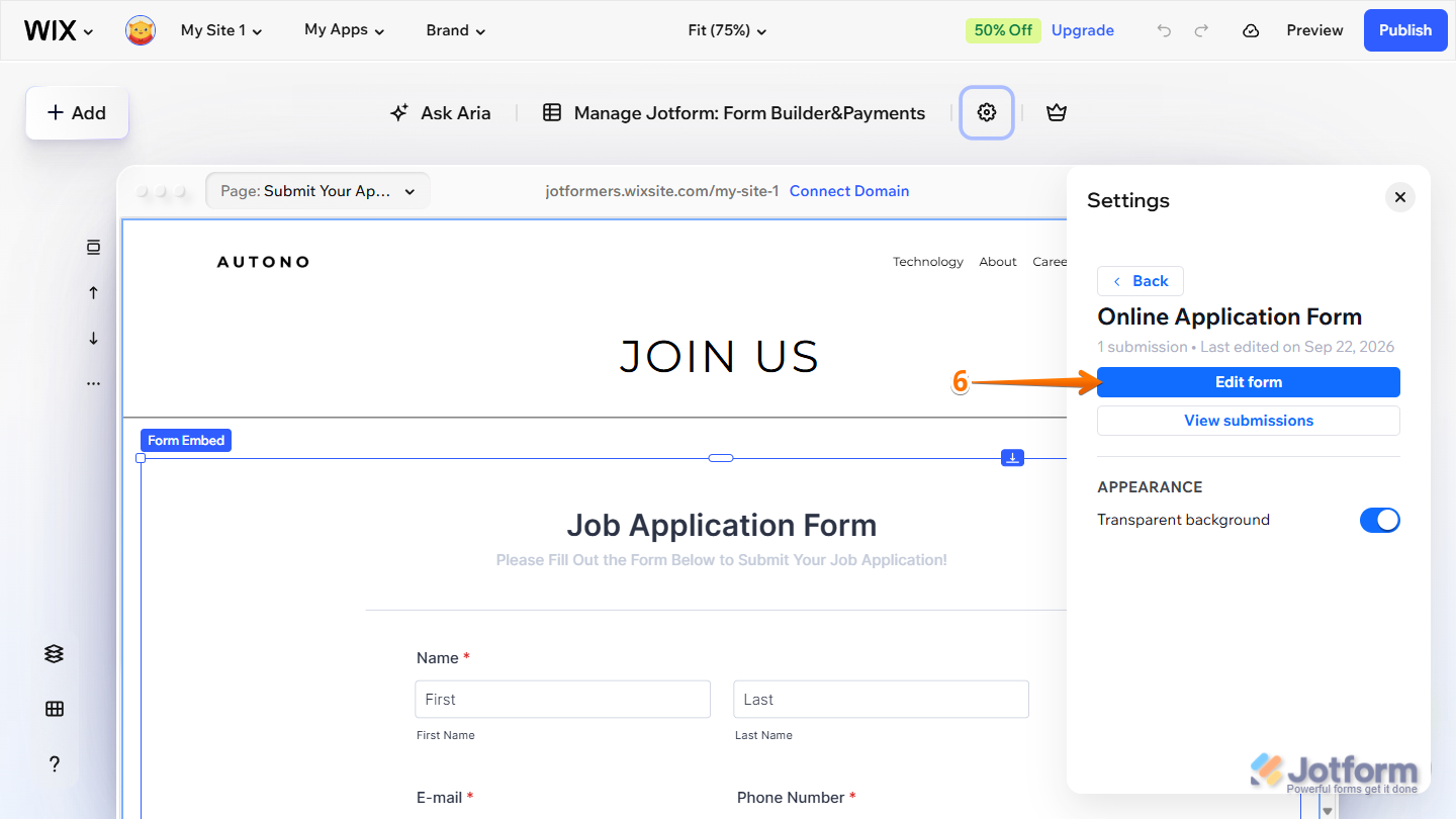 Edit Form button in Form Embed settings