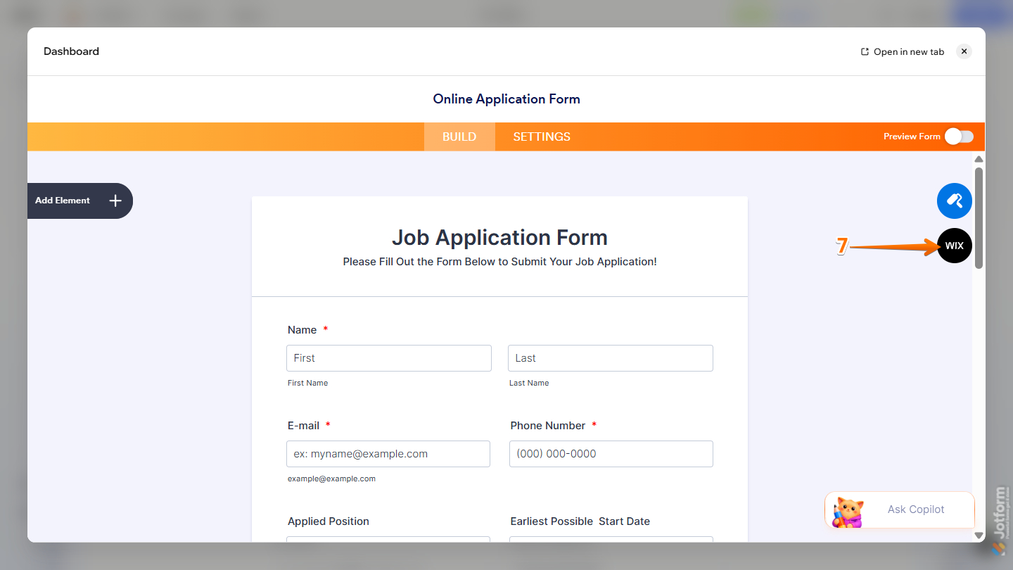 Wix icon in Jotform Form Builder inside Wix Harmony Editor