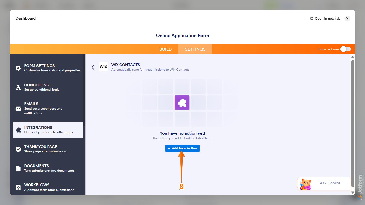 Integrations tab in Jotform Form Builder inside Wix Harmony Editor