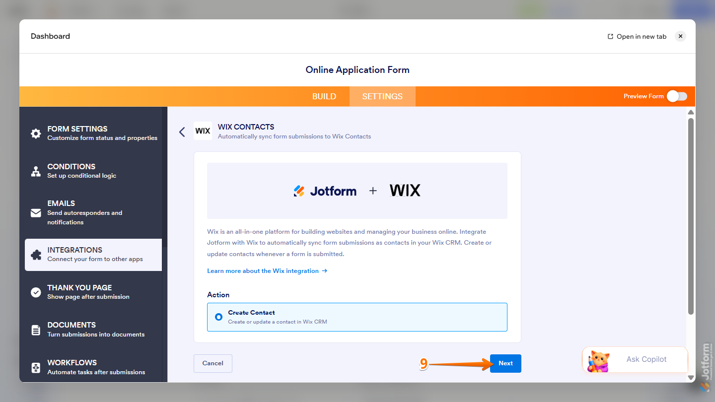 Wix Contact integration in Jotform Form Builder inside Wix Harmony Editor