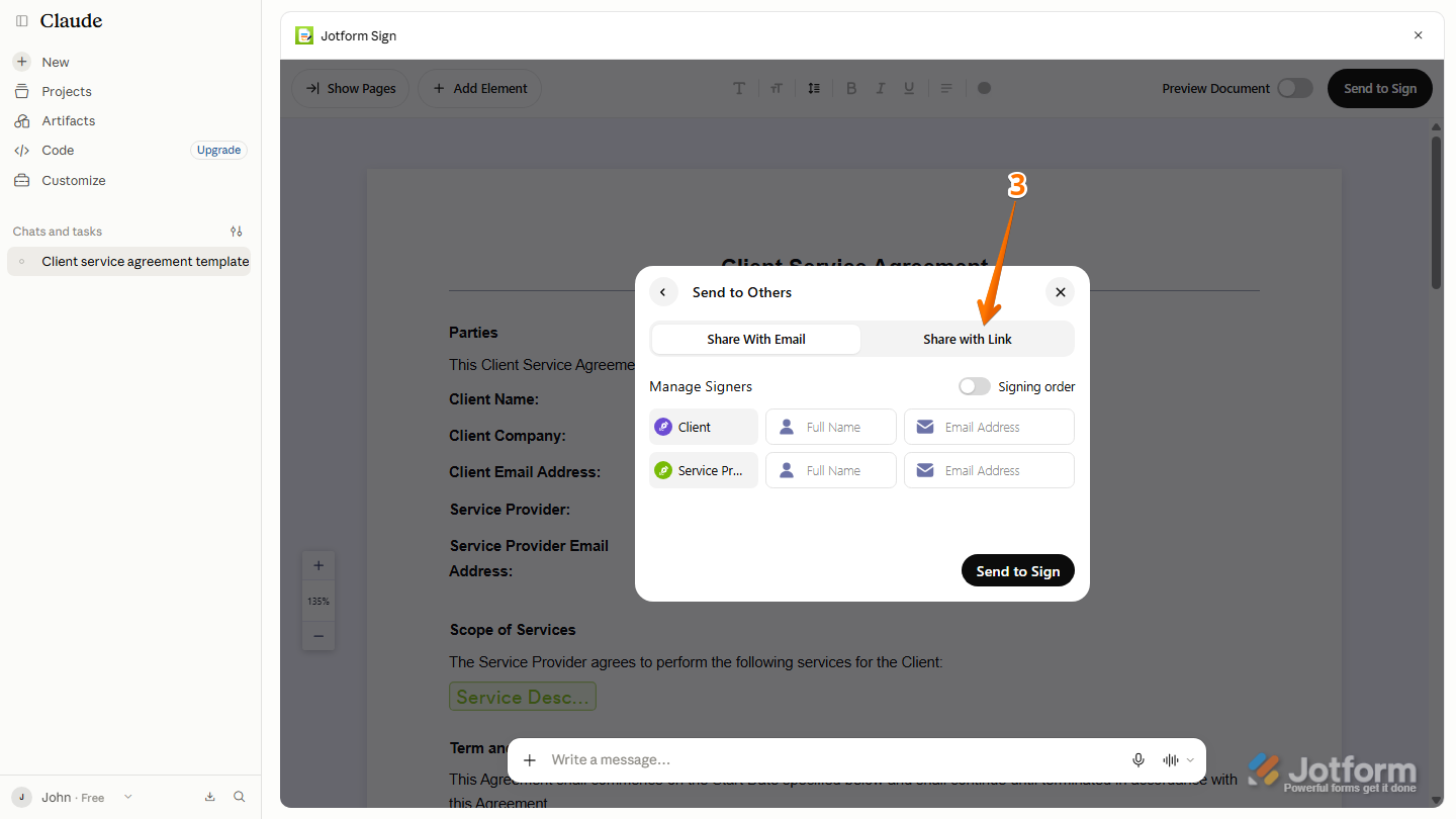 Jotform Sign Send to Others window displaying the Share with Link option for sharing the document with signers through a link
