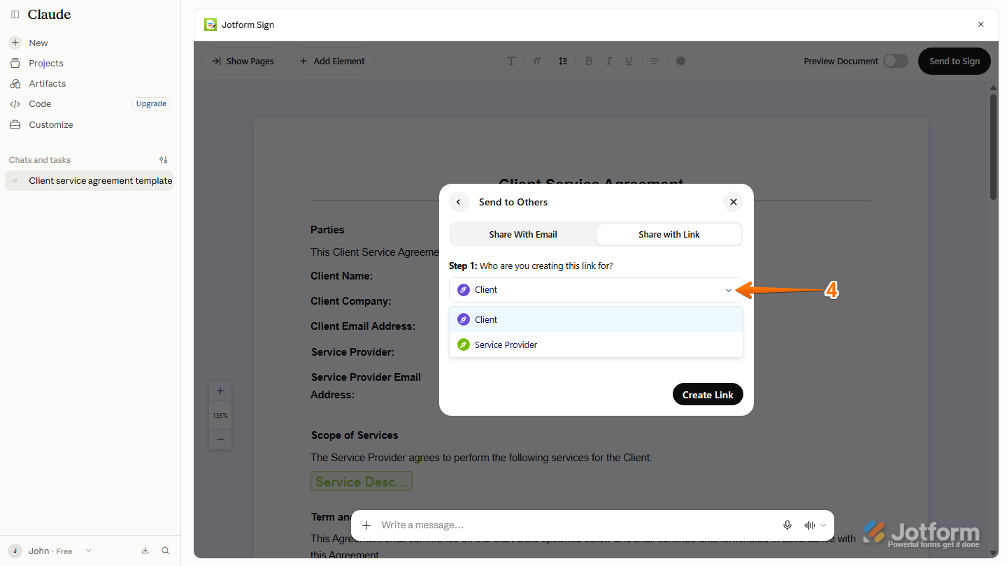 Jotform Sign Share with Link window displaying Step 1: Who Are You Creating This Link For? with the Downward Arrow icon to select the signer who will receive the signing link