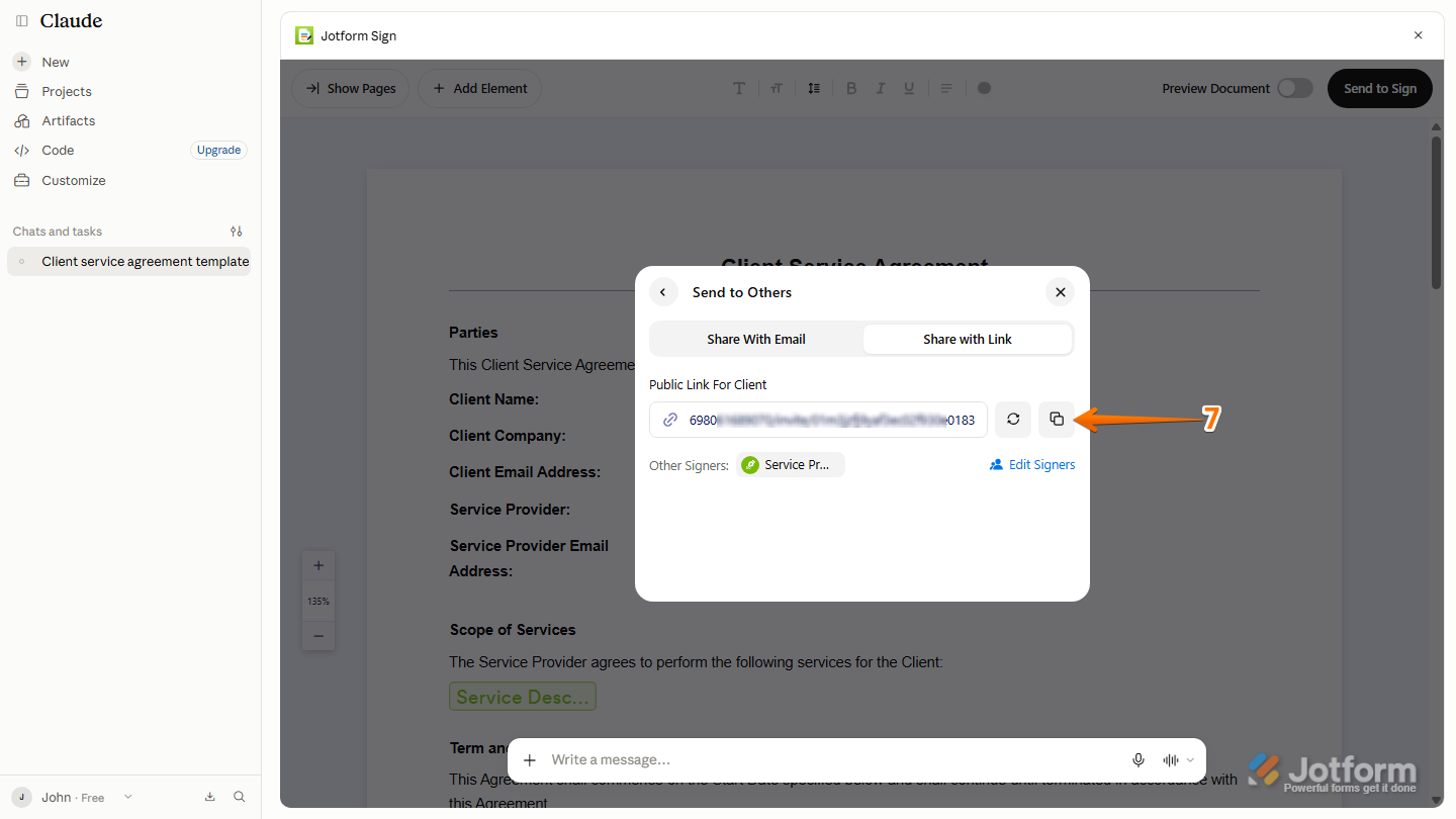 Jotform Sign Share with Link window showing the generated signing link and the Copy icon for copying the link to share with the designated signer