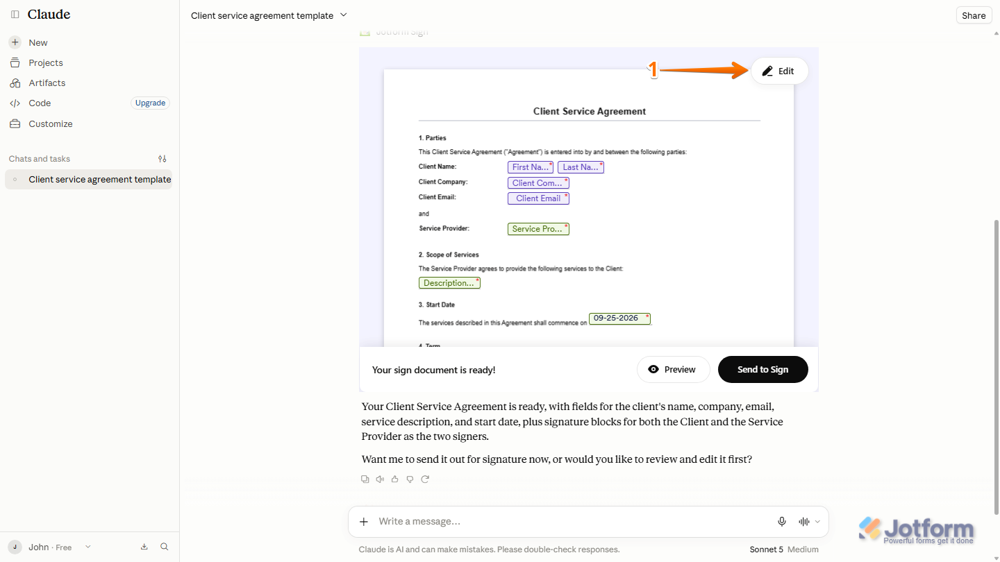 Claude generated signable document with the Edit button visible in the top-right corner for modifying the document before sending it to signers