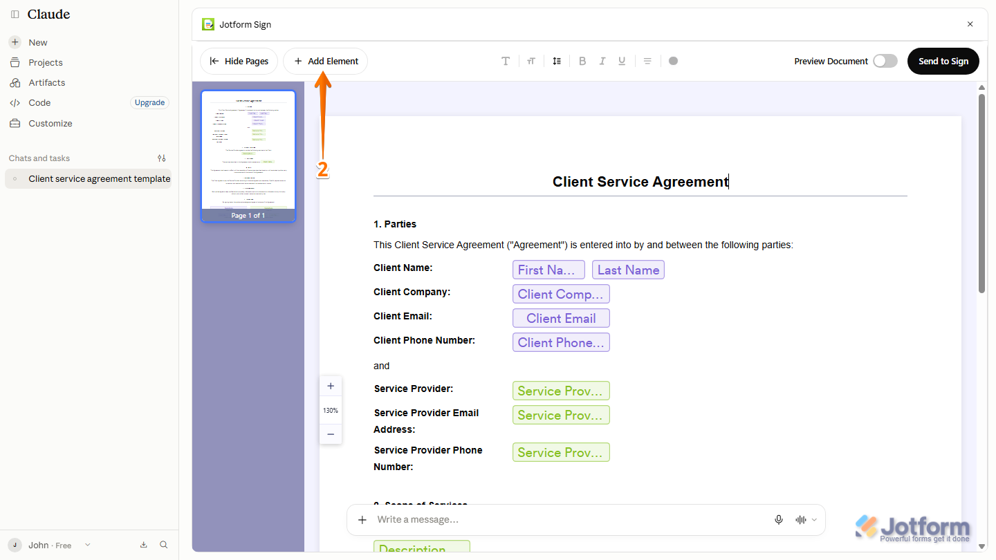 Jotform Sign Editor showing the Add Element button in the upper-left corner for adding fields or elements to the signable document