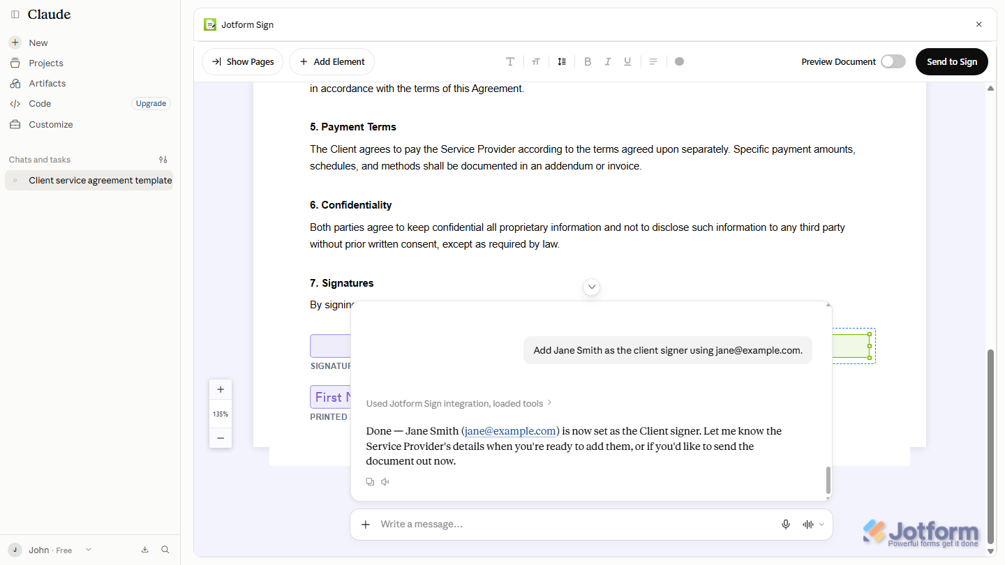 Jotform Sign Editor displaying the updated signer information, including signer names and email addresses for review