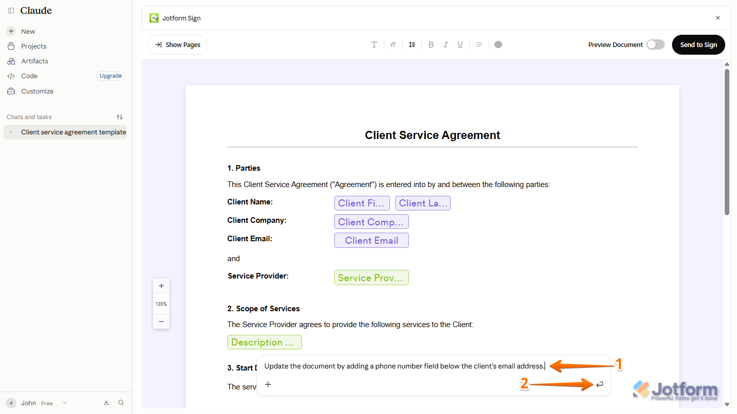 Jotform Sign Editor displaying the Claude Chat box at the bottom with a prompt to update the document by adding a phone number field below the client’s email address, and the Backward-Turning Arrow icon to submit the request