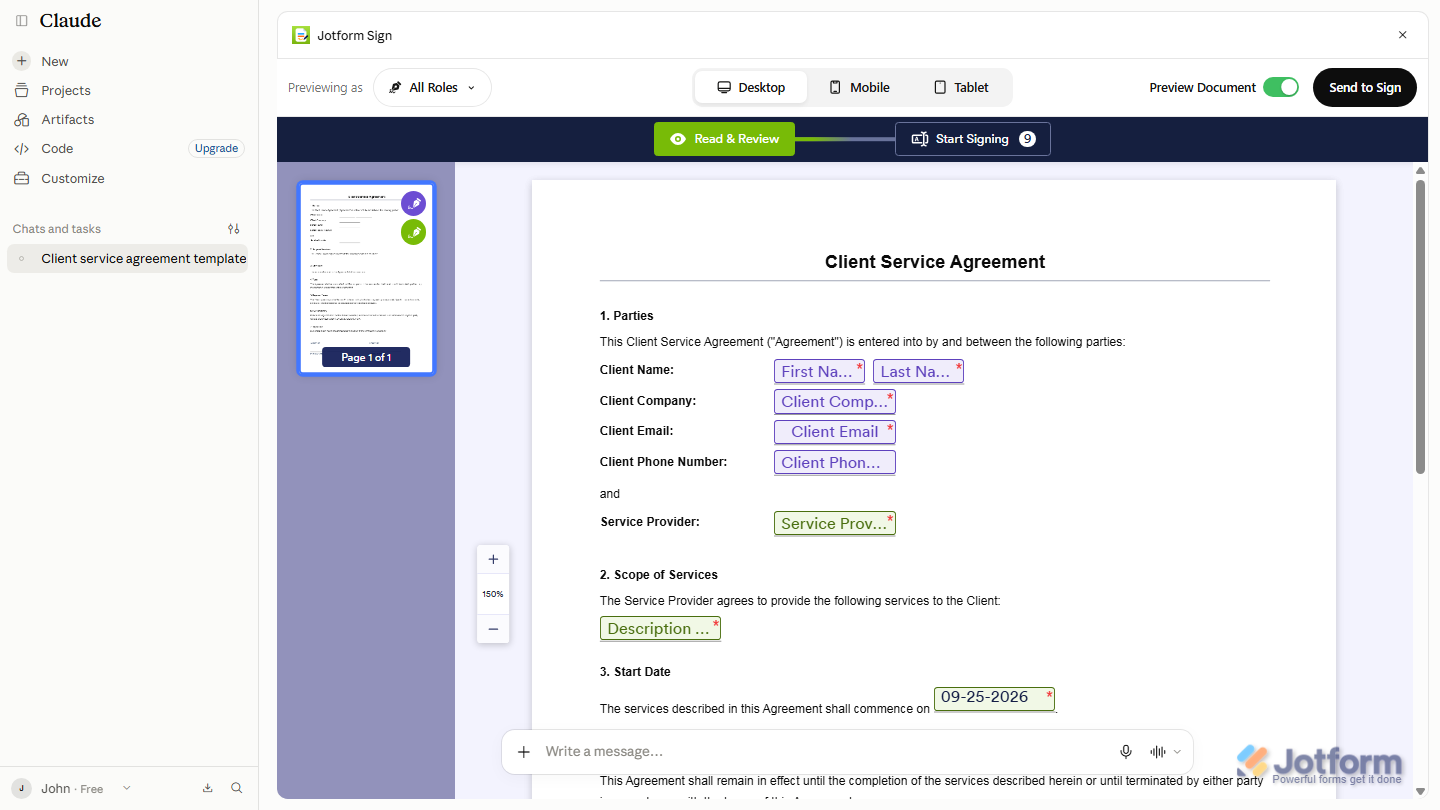 Jotform Sign Editor showing the updated signable document with the requested changes applied