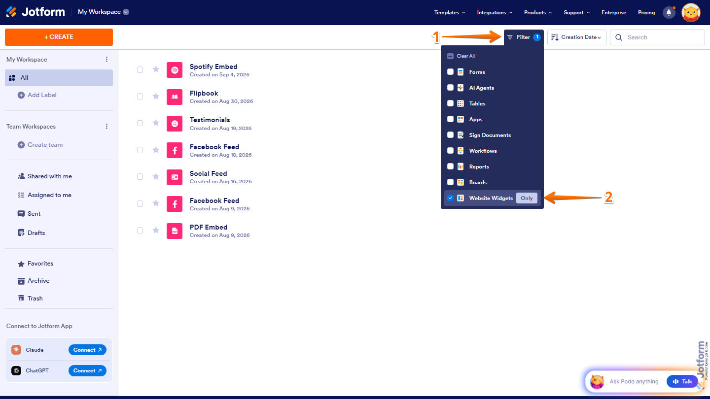 Jotform Workspace page with the Filter dropdown open, showing Website Widgets and the Only option for displaying only website widget assets