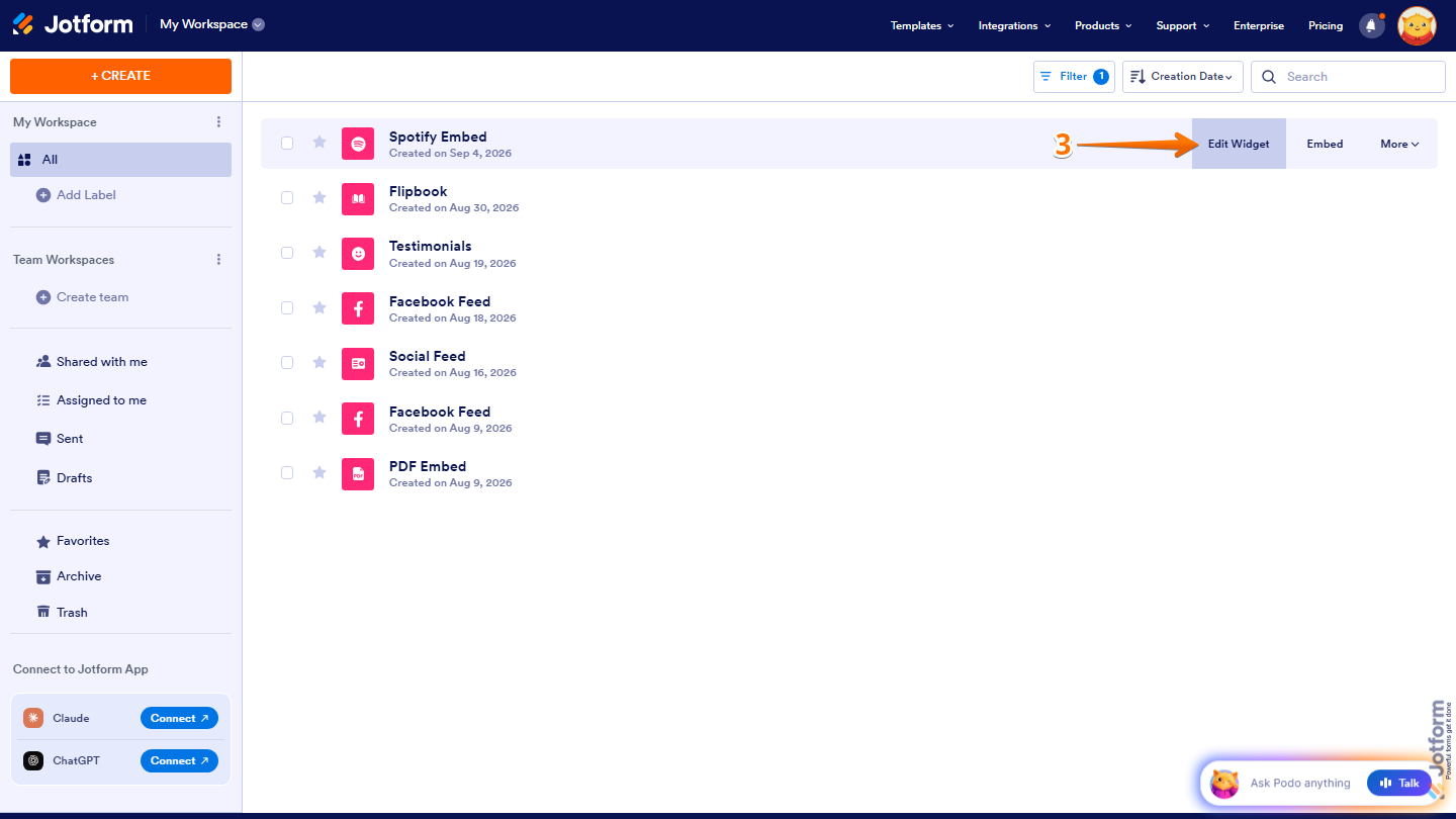 Jotform Workspace filtered to Website Widgets, showing a Spotify Content widget with the Edit Widget option available on the right side for updating its settings