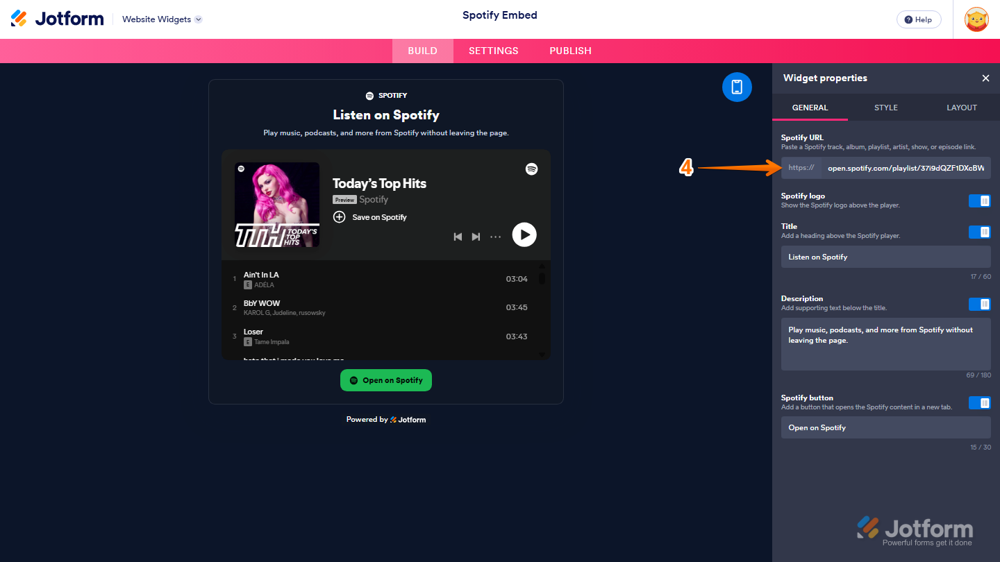 Jotform Spotify Content widget properties menu showing the Spotify URL field for entering a track, album, playlist, artist, show, or episode link to display