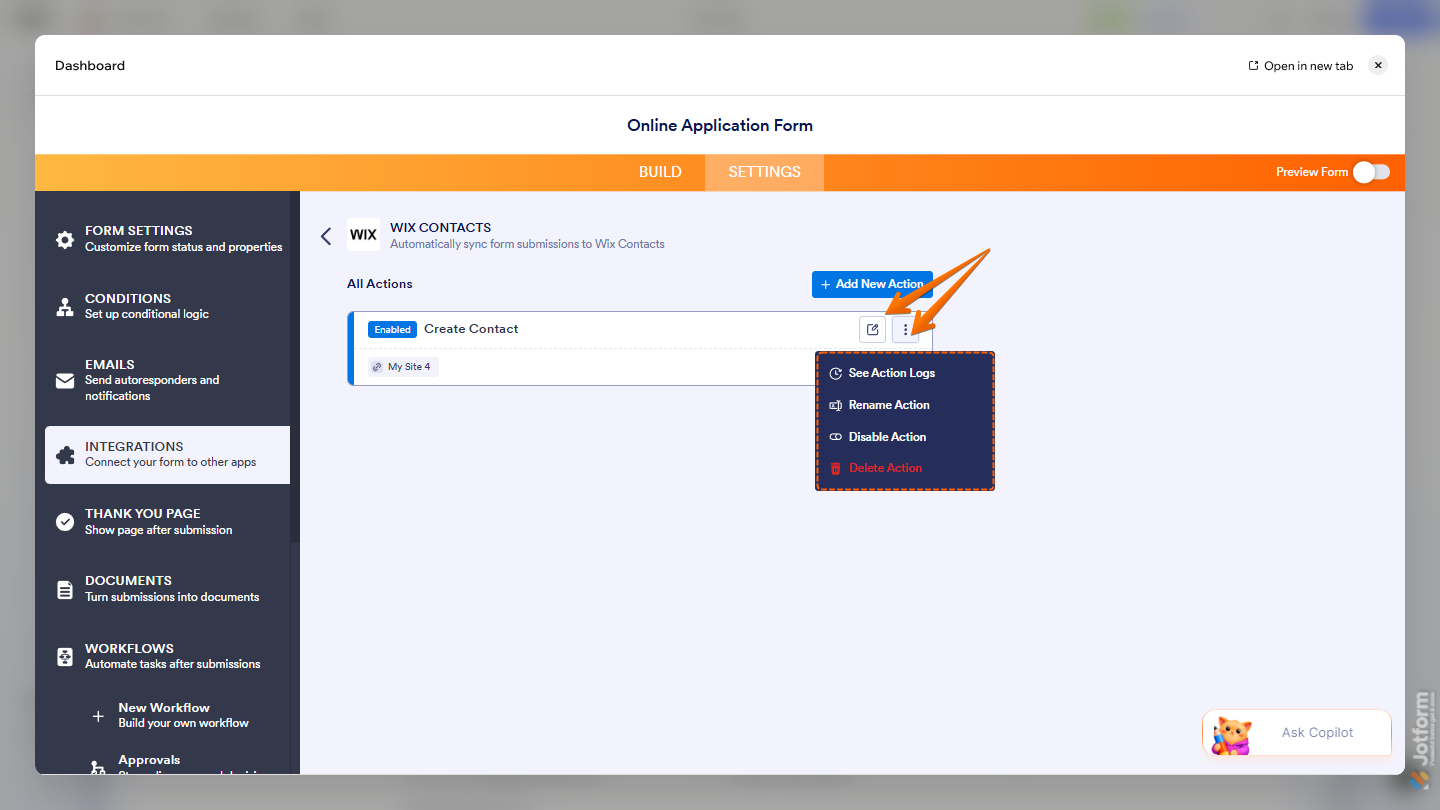 All Actions in Wix Contacts integration settings