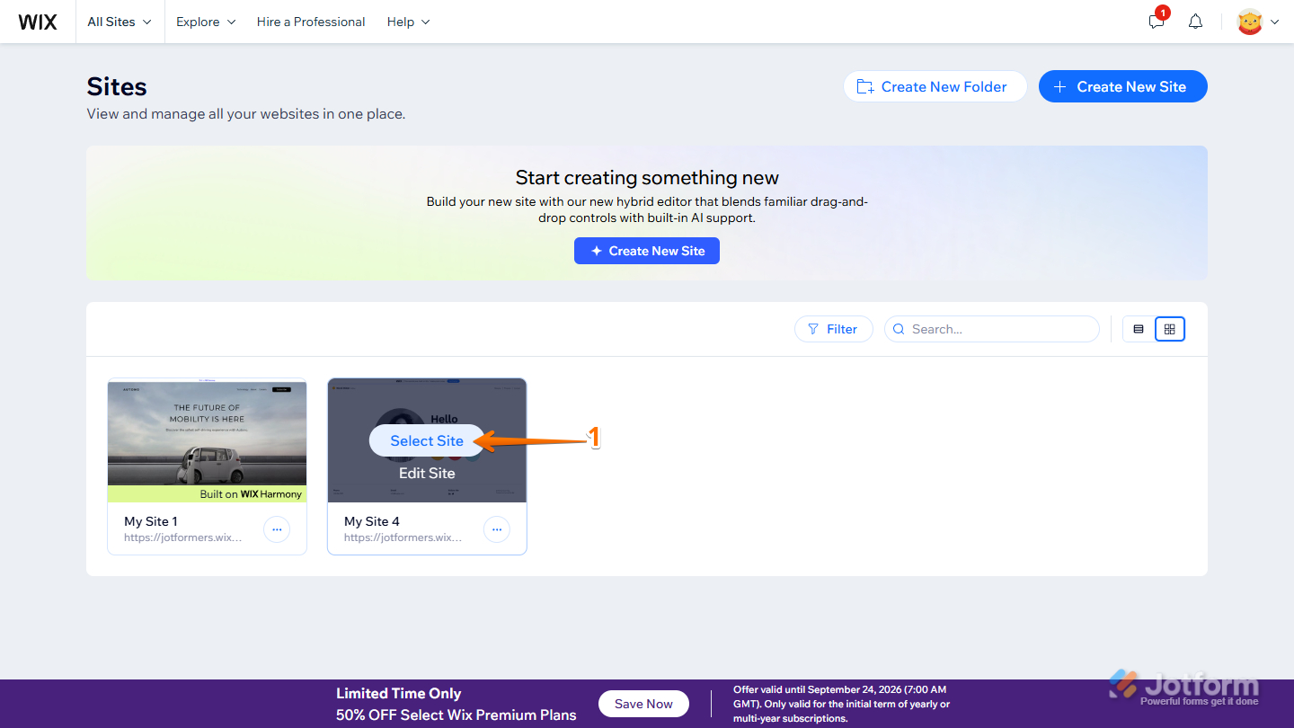 Select Site in Wix Sites page