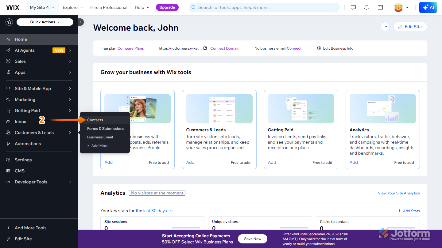 Contacts menu in Wix dashboard