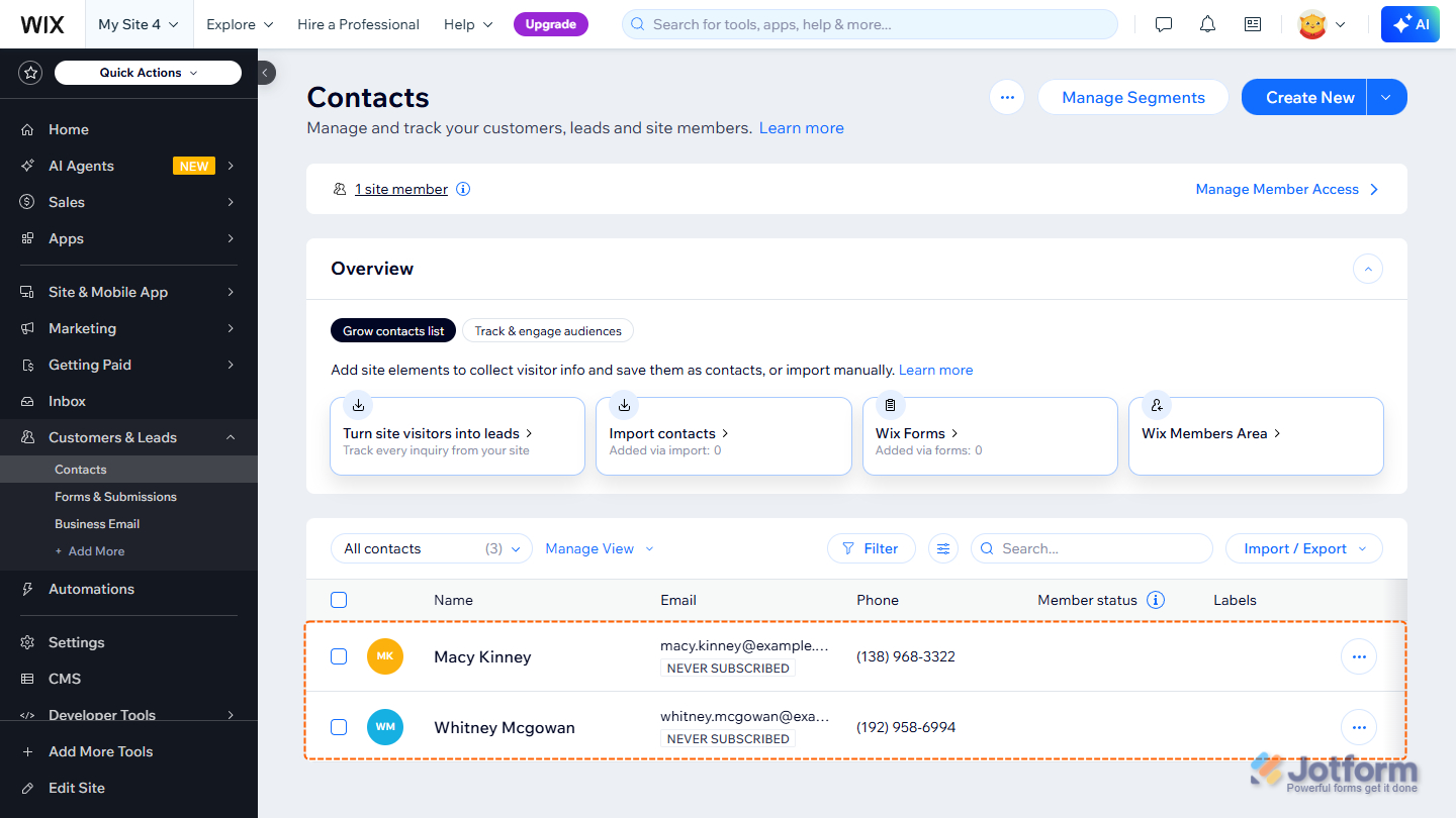 Contacts list in Wix Contacts page