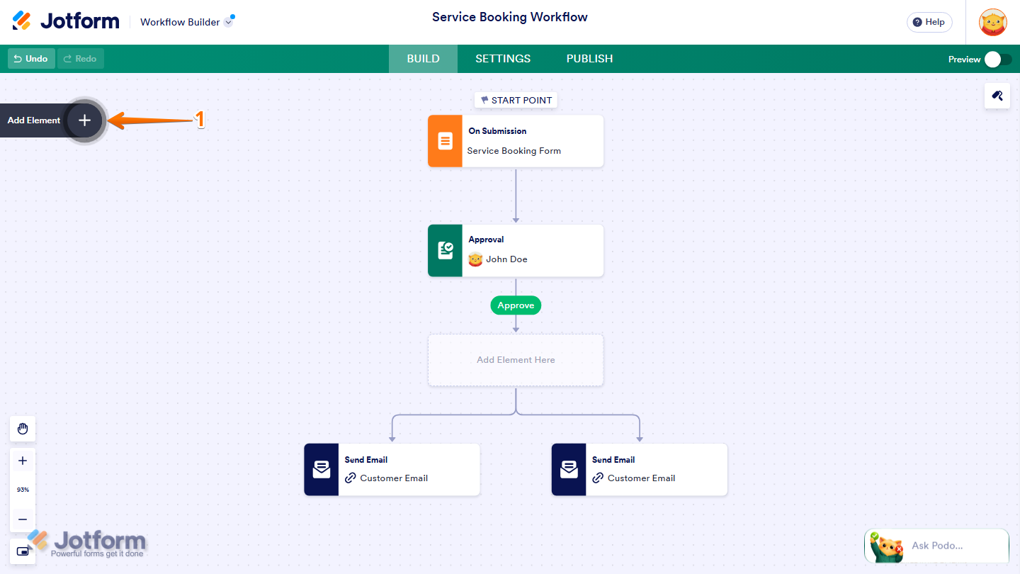 Jotform Workflow Builder with the Add Element button visible on the left side of the page for adding a new workflow element