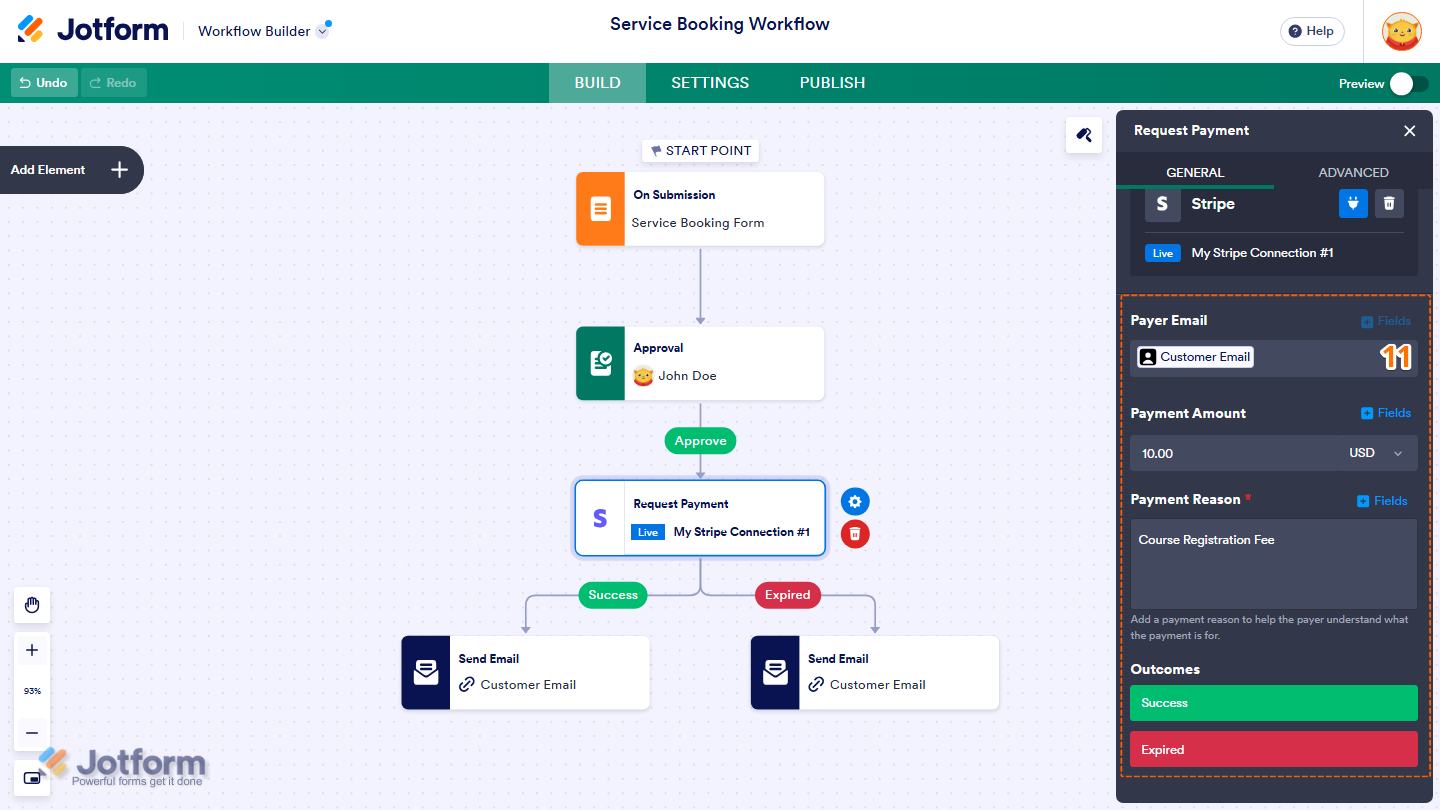 Jotform Request Payment element settings showing Payer Email, Payment Amount, Payment Reason, and Outcomes options, including Success and Expired for controlling how the workflow continues after payment processing