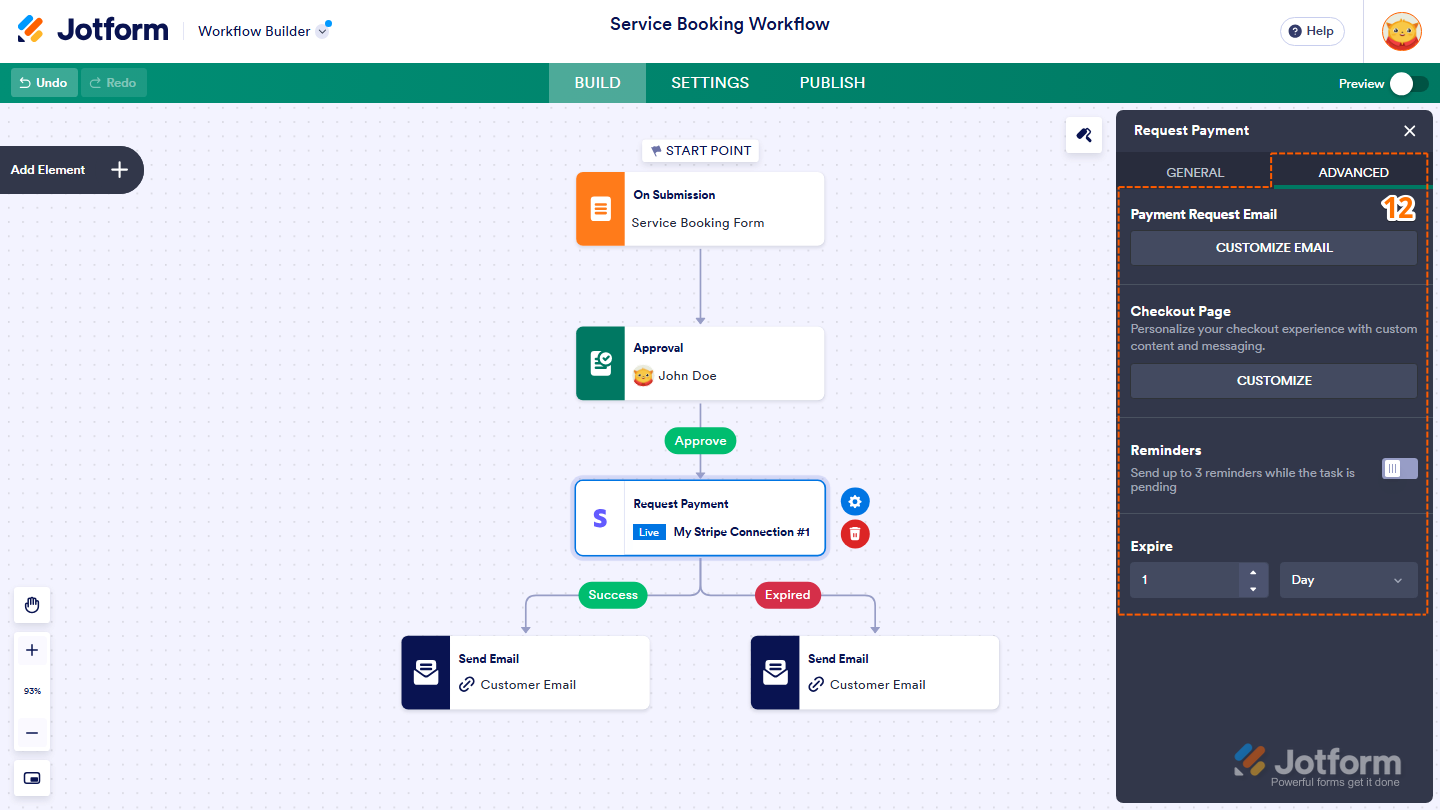 Jotform Request Payment element Advanced tab showing Payment Request Email, Reminders, and Expire settings for customizing payment emails, sending reminders, and setting the payment request expiration period