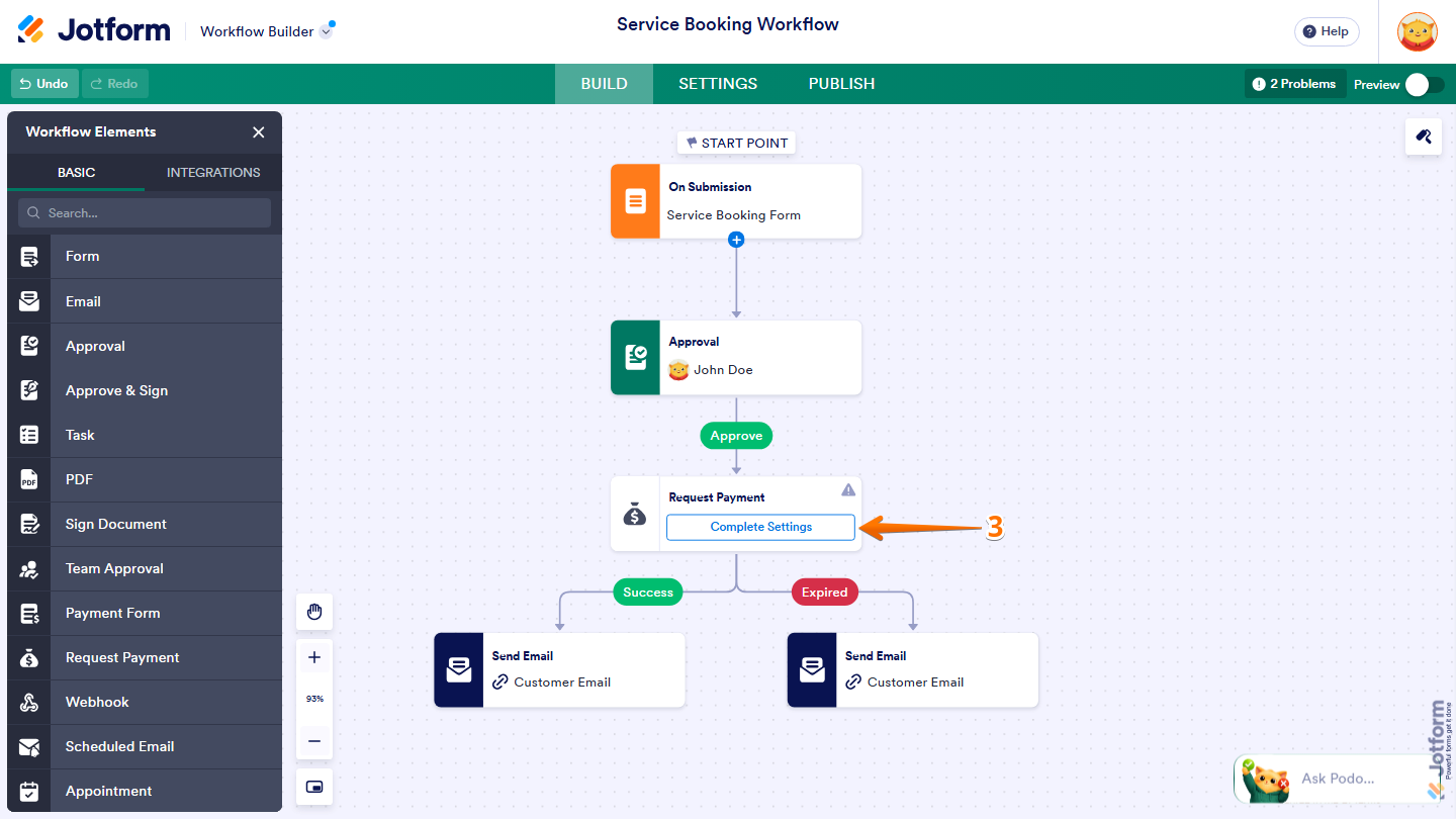 Jotform Workflow Builder showing the Request Payment element with the Complete Settings option available to configure payment details