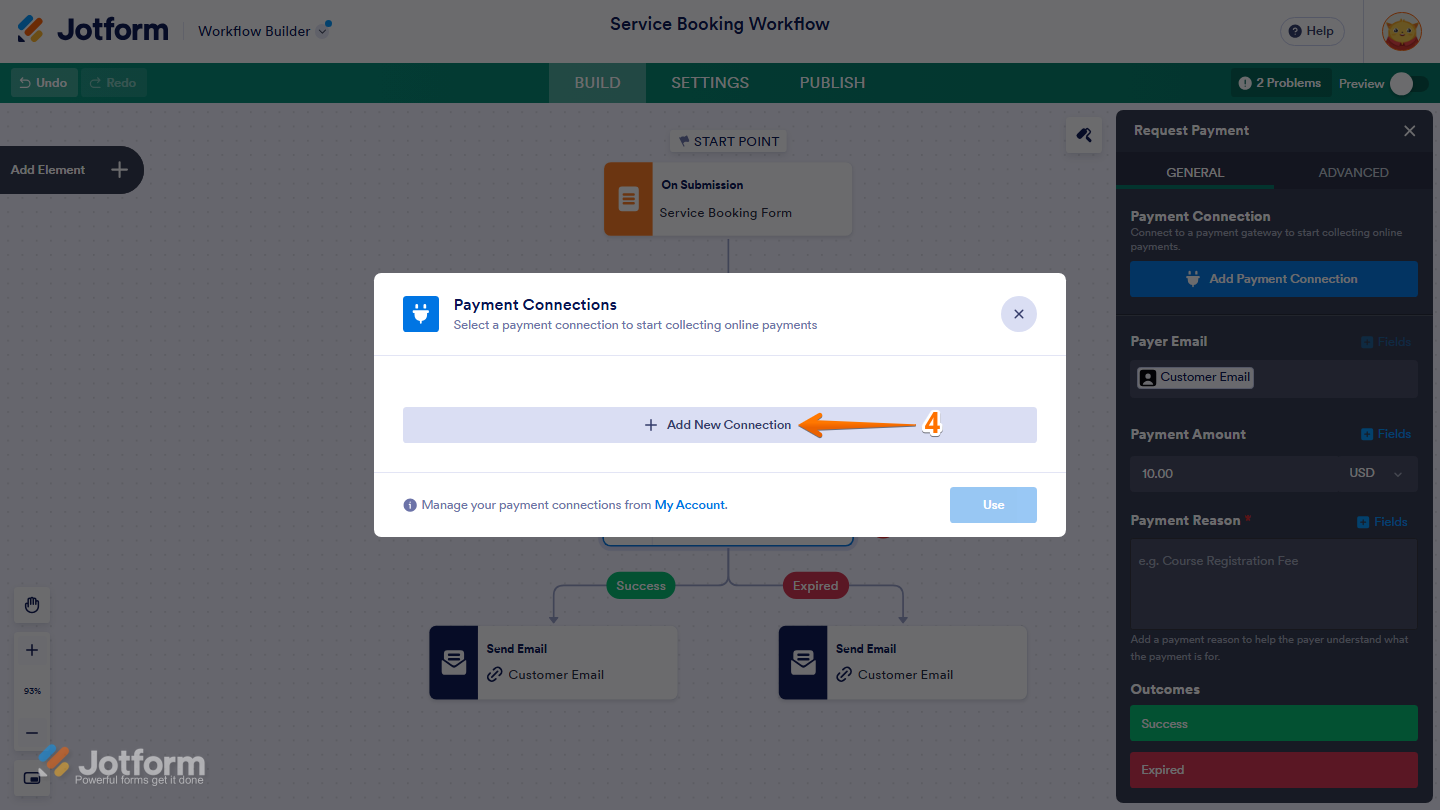 Jotform Workflow Builder showing the Payment Connections window with the Add New Connection button available to add a payment connection