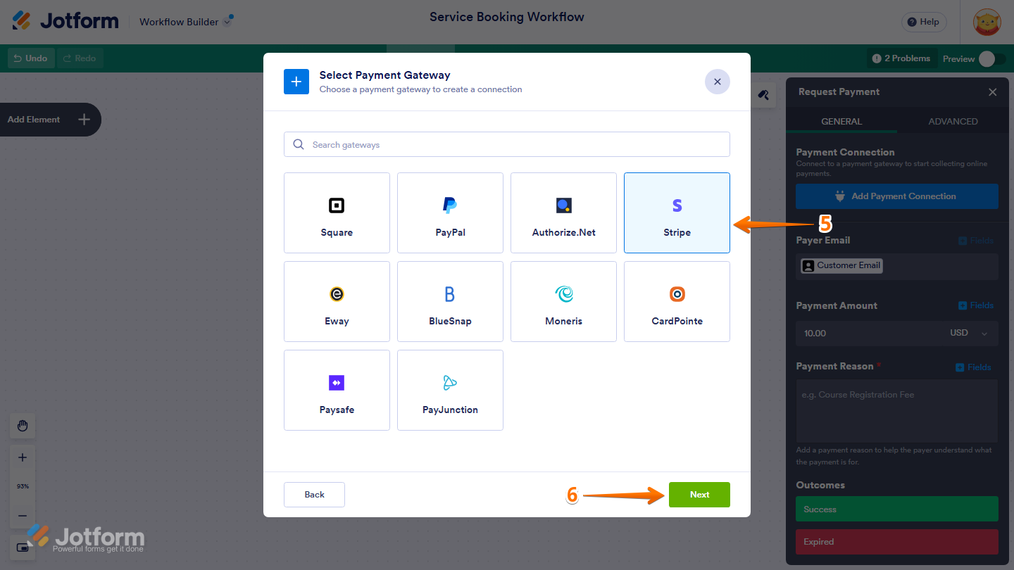 Jotform Workflow Builder Select Payment Gateway window showing available payment gateways, with Stripe selected as an example and the Next button available to continue