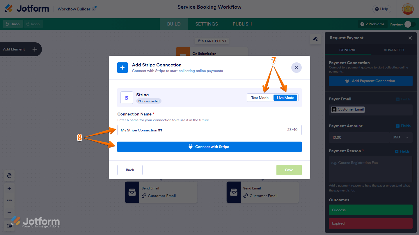 Jotform Add Stripe Connection window showing Test Mode and Live Mode options, a Connection Name field, and the Connect with Stripe button for connecting and logging in to a Stripe account