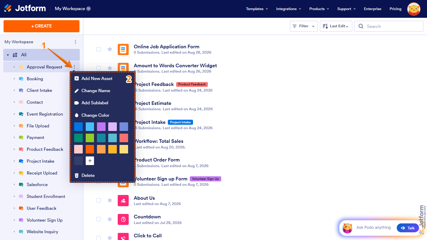 Manage label in Jotform My Workspace page