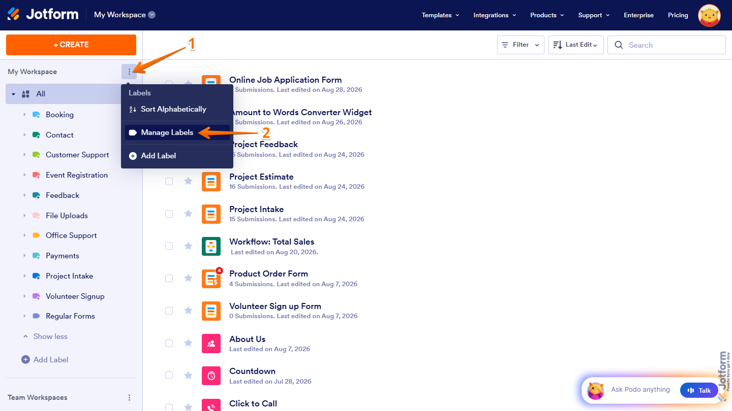 Manage Labels in Jotform My Workspace page