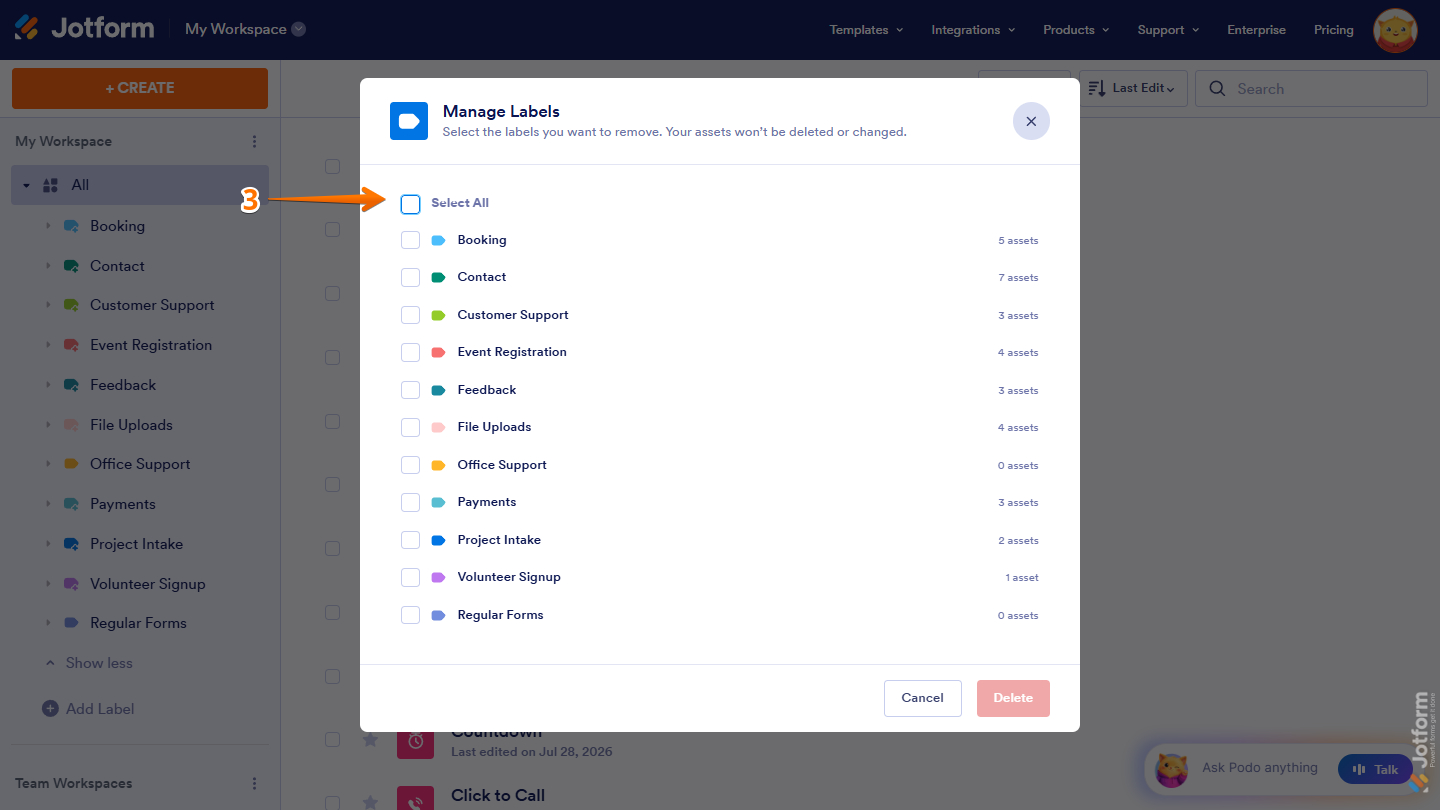 Manage Labels window and select all labels option