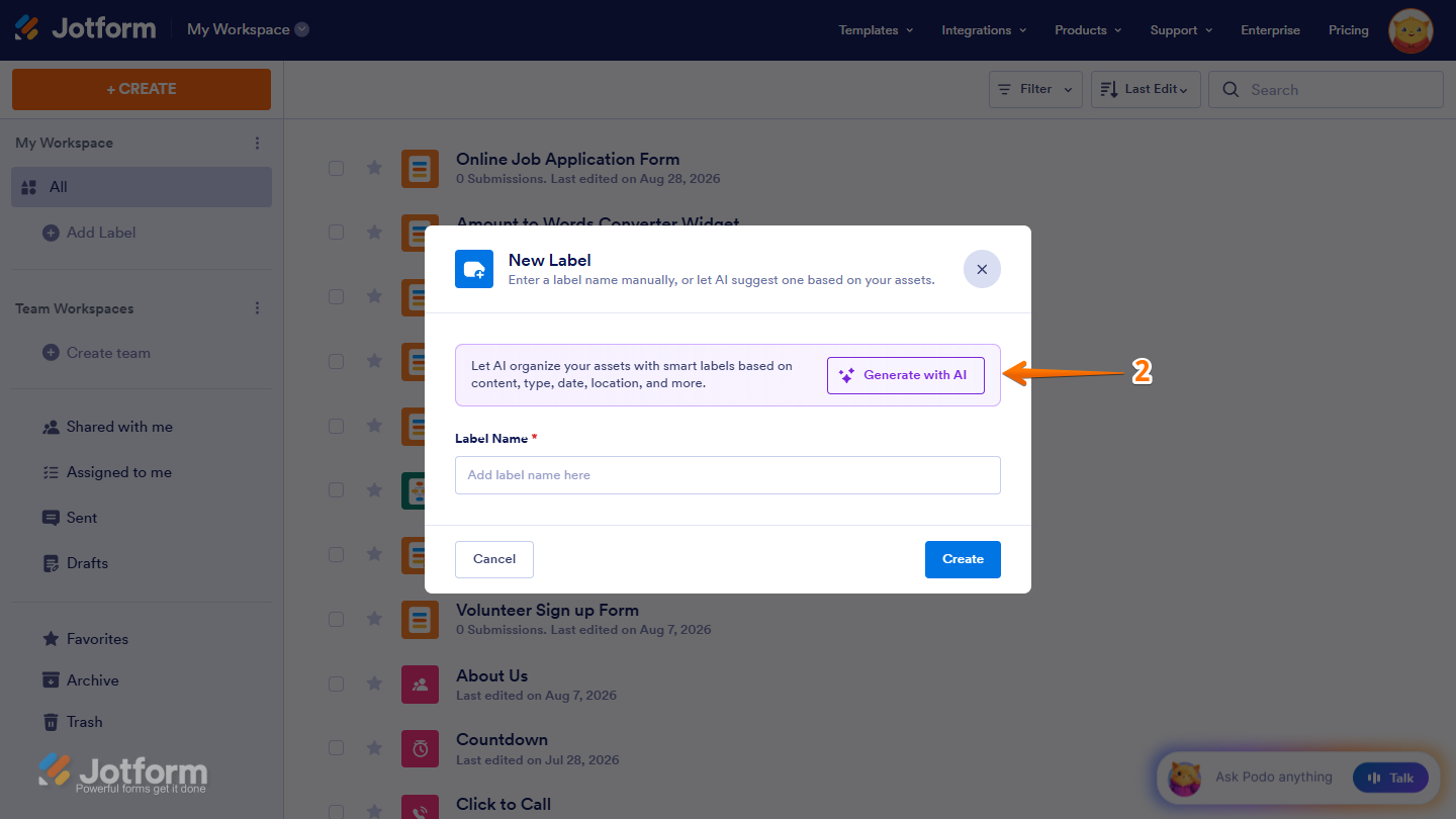 Generate with AI in New Label window
