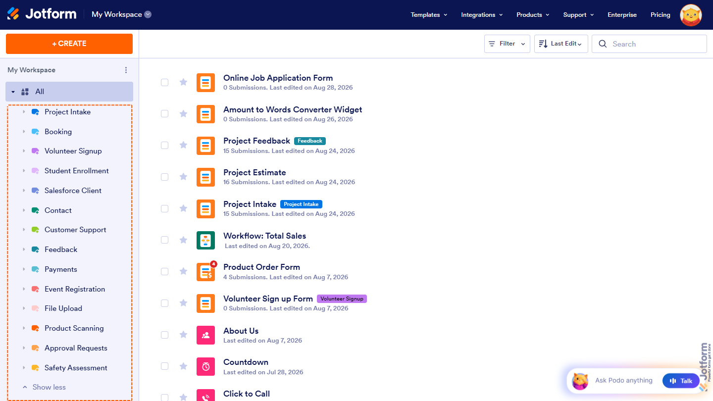 Generated Smart Labels in Jotform My Workspace page