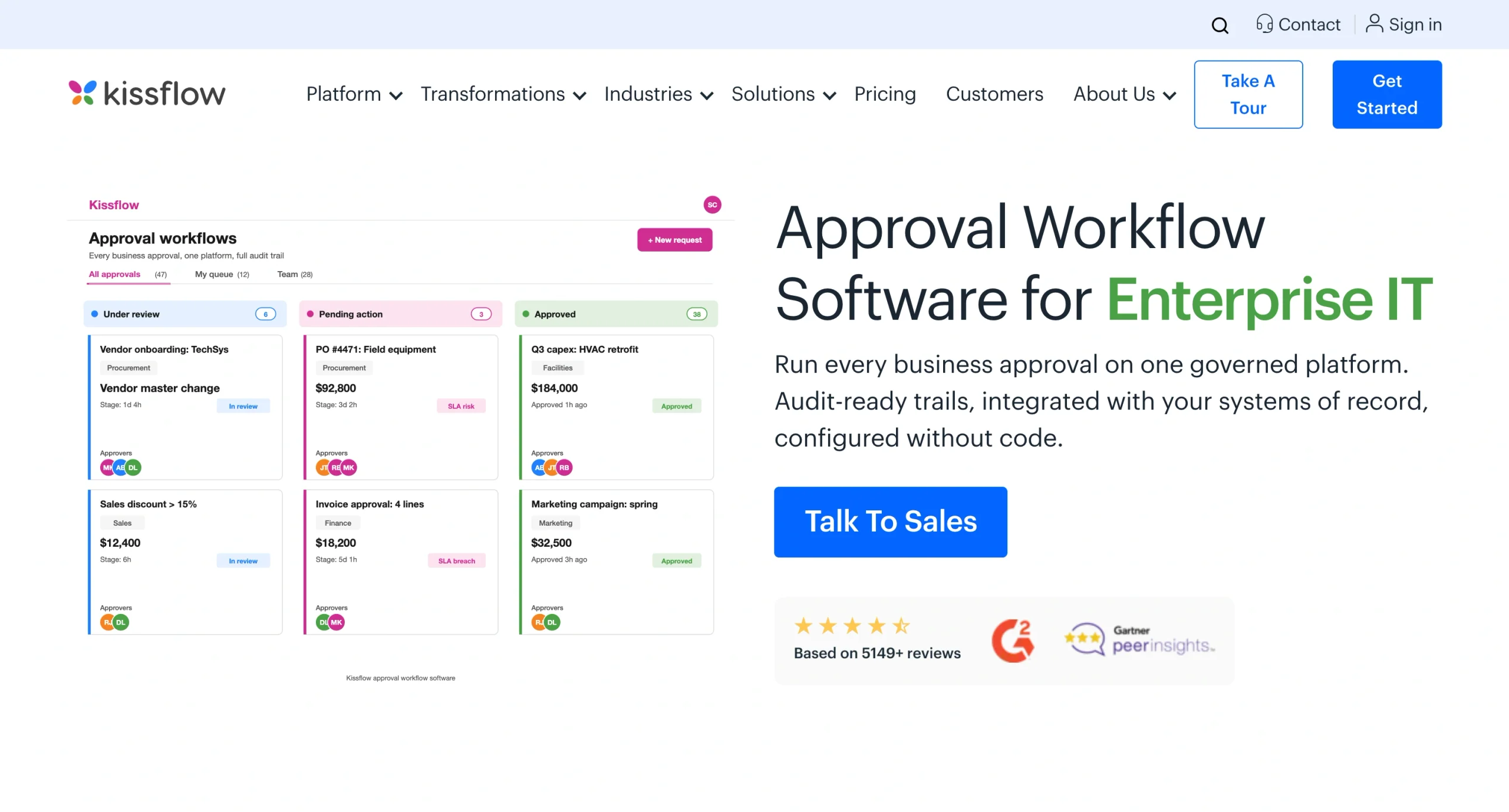 Kissflow approval workflow page showing requests organized by review status