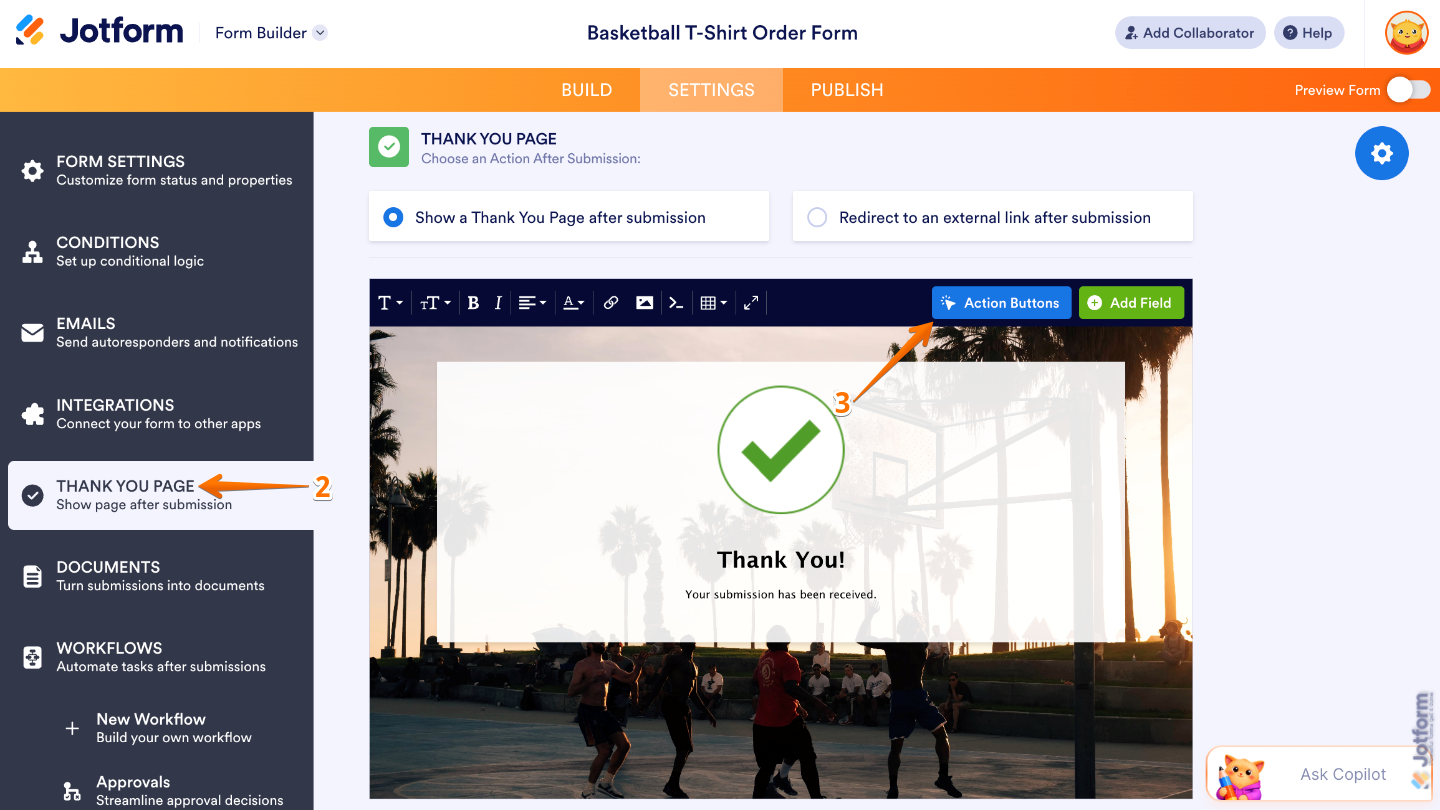 Selecting Thank You Page from the left-side menu and opening Action Buttons in Jotform Form Builder