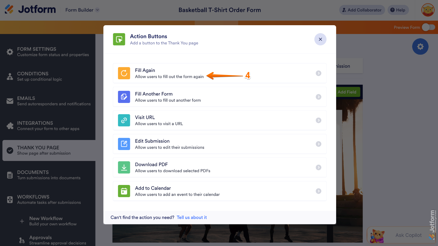 Selecting the Fill Again option from the Action Buttons menu in Jotform Form Builder